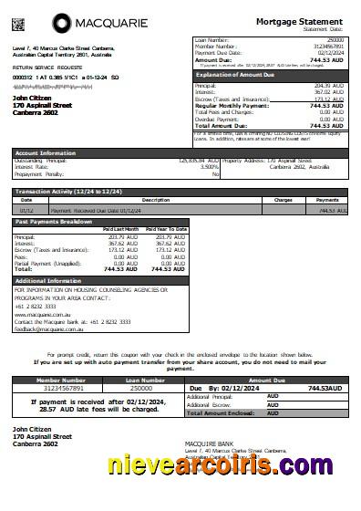 Australia Macquire Bank mortgage statement